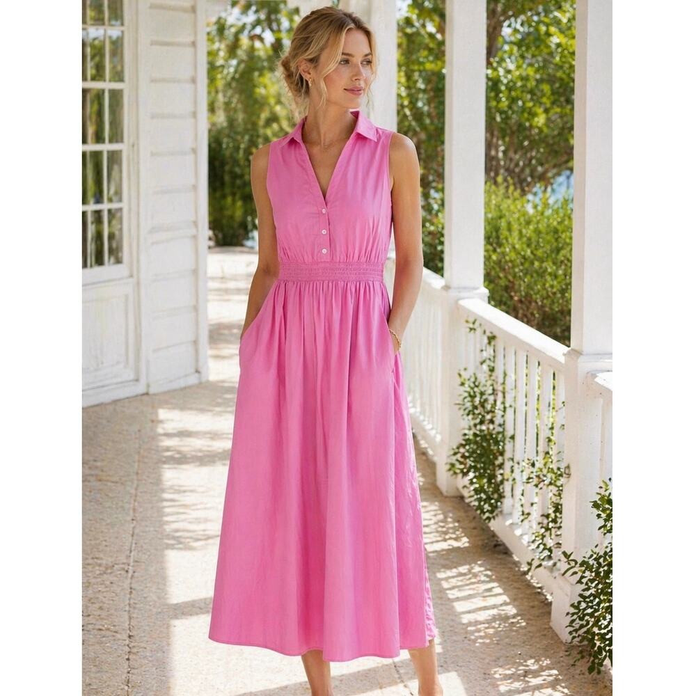 J.Crew Factory Pink Cotton Midi Dress Sleeveless Smocked Waist 6 - Picture 2 of 13